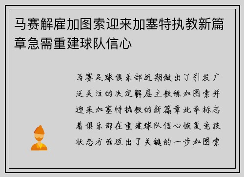 马赛解雇加图索迎来加塞特执教新篇章急需重建球队信心